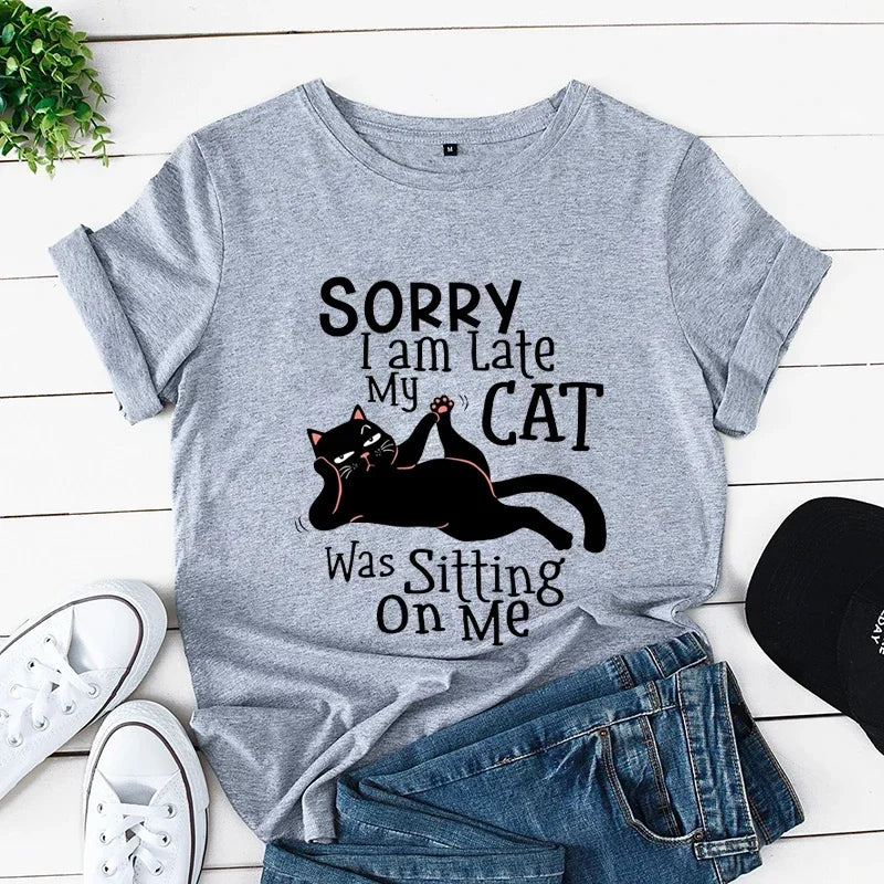 Kawaii Cartoon Cat Lover Printed T Shirt Women Fashion T Shirt Sorry I Am Late My Cat Was Sitting on Me Casual Girls Ladies Tops