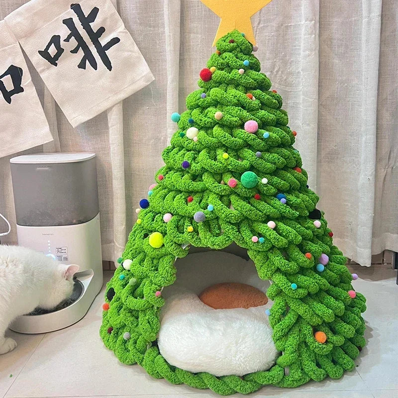 DIY Christmas Tree Cat Nest Homemade Cathouse Star Elk Material Package Winter Warmth Closed Security Cat Bed Weave Pet Tent