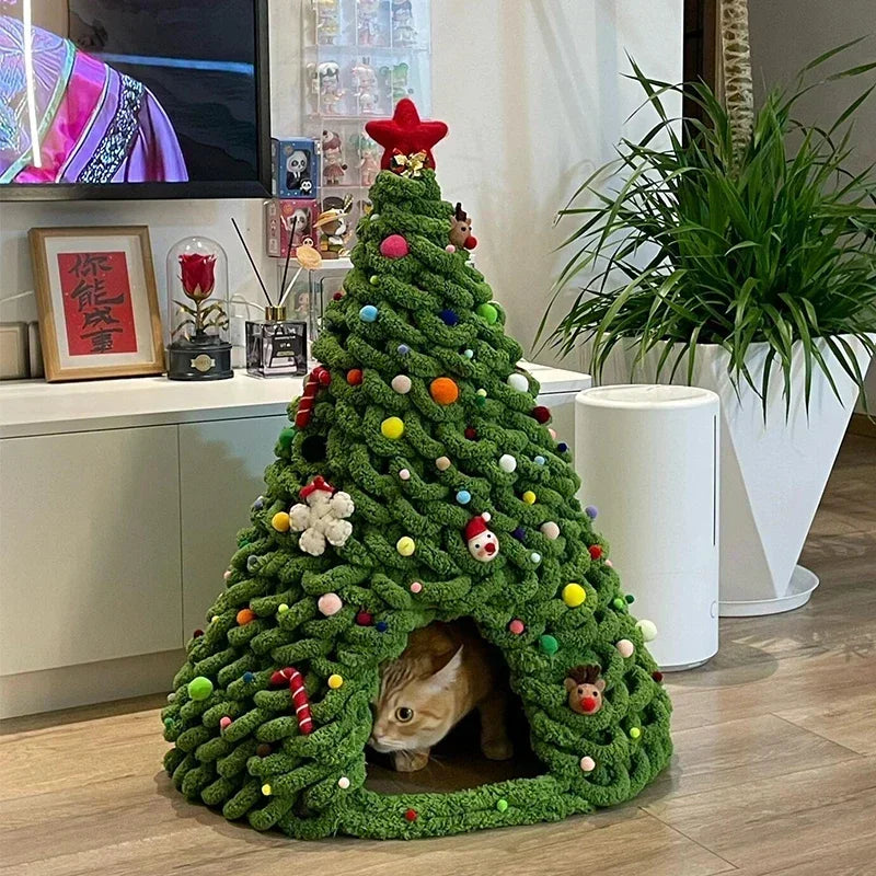 DIY Christmas Tree Cat Nest Homemade Cathouse Star Elk Material Package Winter Warmth Closed Security Cat Bed Weave Pet Tent