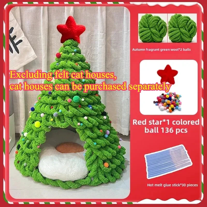 DIY Christmas Tree Cat Nest Homemade Cathouse Star Elk Material Package Winter Warmth Closed Security Cat Bed Weave Pet Tent