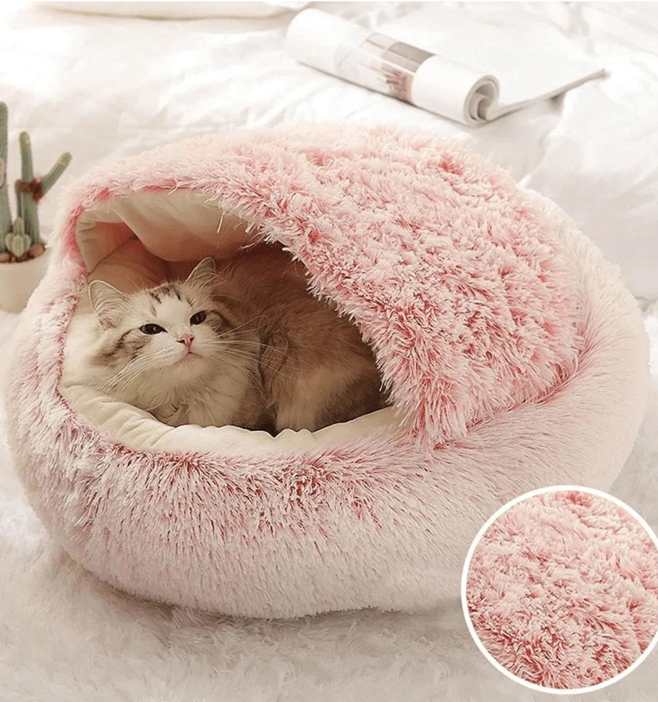 Fluffy Cat Bed Soft Plush 2-in-1 Round Sleeping Nest and Pet Mattress