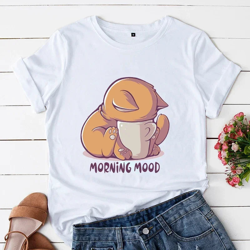 Kawaii Cartoon Cat Lover Printed T Shirt Women Fashion T Shirt Sorry I Am Late My Cat Was Sitting on Me Casual Girls Ladies Tops