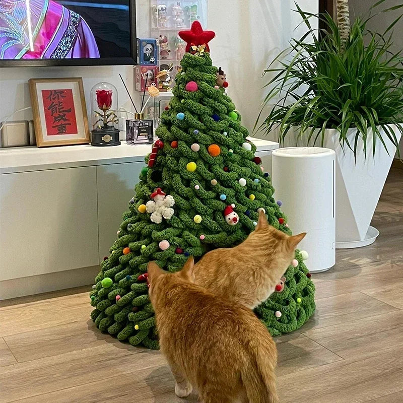 DIY Christmas Tree Cat Nest Homemade Cathouse Star Elk Material Package Winter Warmth Closed Security Cat Bed Weave Pet Tent