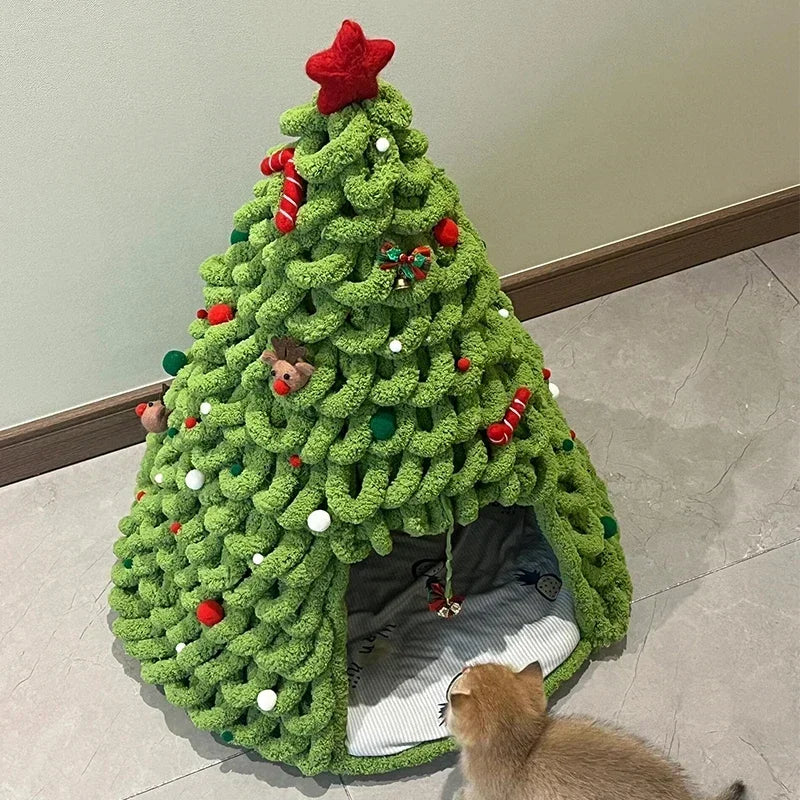 DIY Christmas Tree Cat Nest Homemade Cathouse Star Elk Material Package Winter Warmth Closed Security Cat Bed Weave Pet Tent