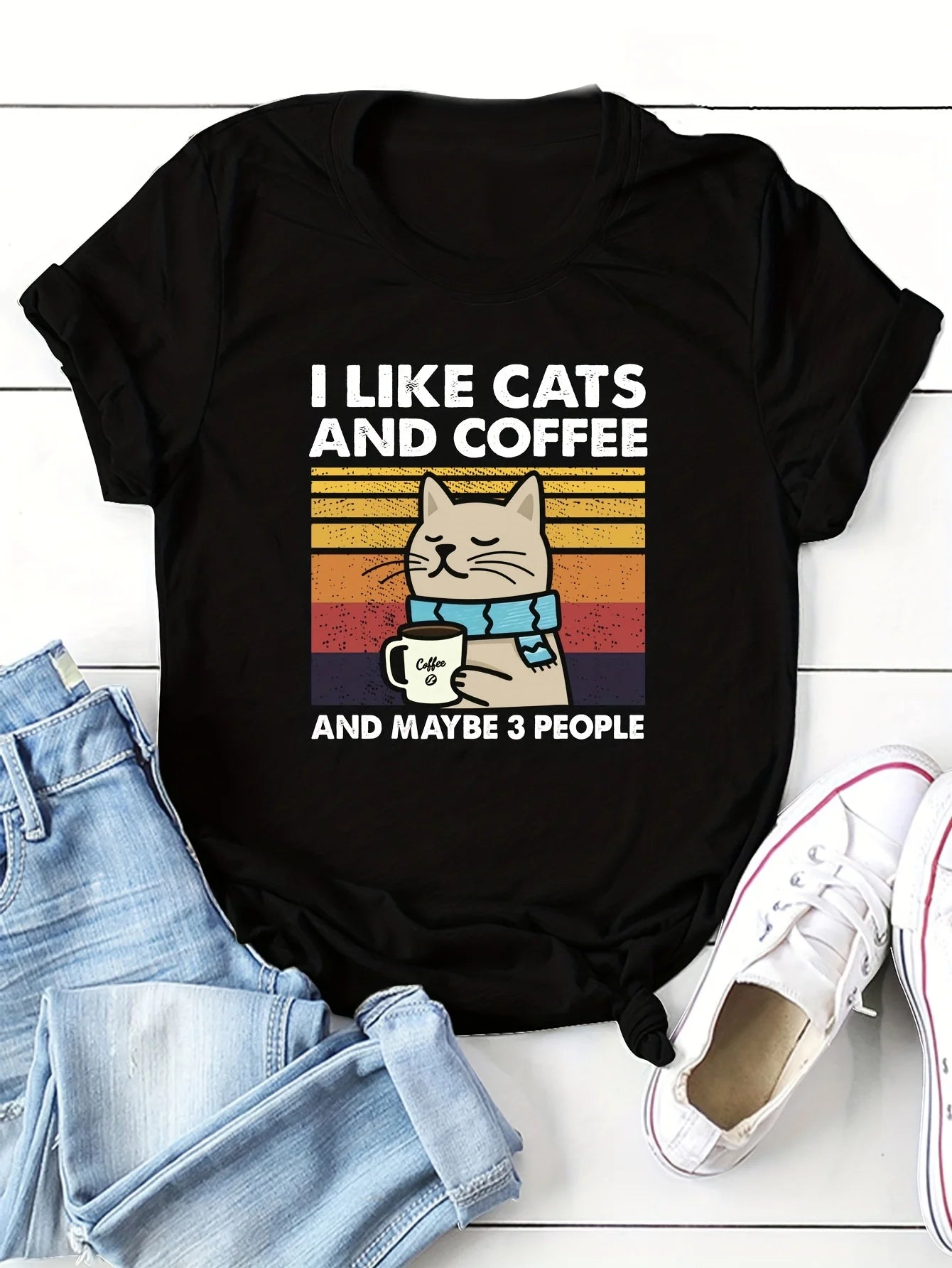 Cat & Coffee Print T-shirt, Casual Crew Neck Short Sleeve T-shirt, Women's Clothing