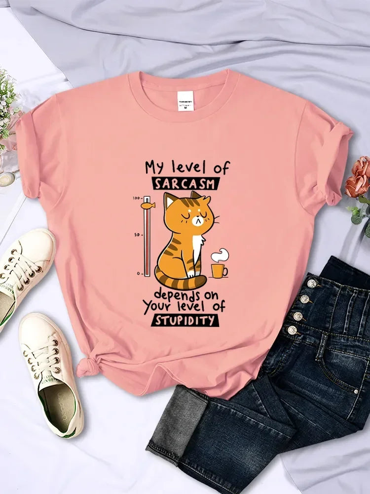 Funny My Level of Sarcasm Depends on Your Level of Stupidity Graphic Women T Shirts Sarcasm Level Cat Tees 2024 Summer T Shirts