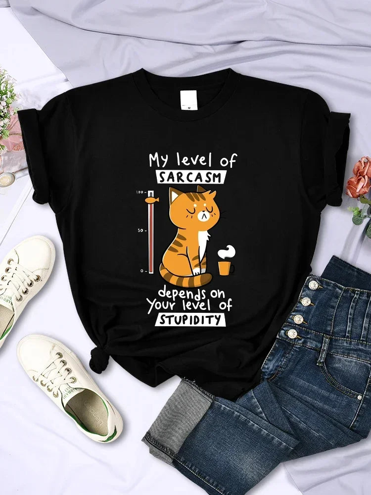 Funny My Level of Sarcasm Depends on Your Level of Stupidity Graphic Women T Shirts Sarcasm Level Cat Tees 2024 Summer T Shirts