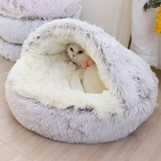 Fluffy Cat Bed Soft Plush 2-in-1 Round Sleeping Nest and Pet Mattress