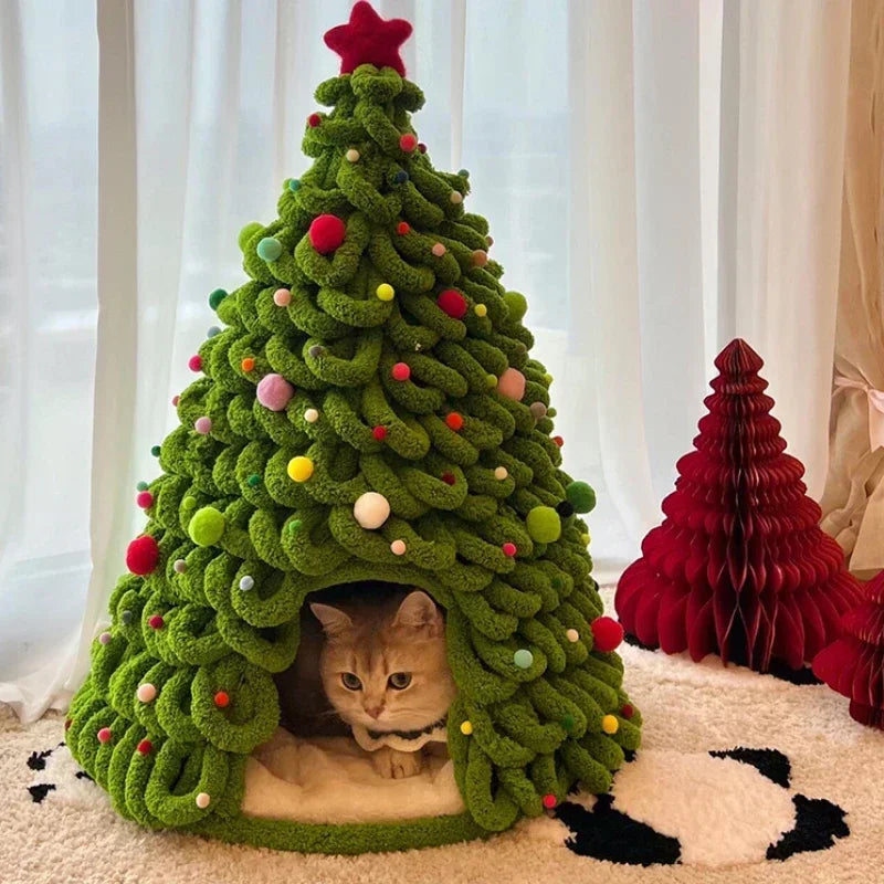 DIY Christmas Tree Cat Nest Homemade Cathouse Star Elk Material Package Winter Warmth Closed Security Cat Bed Weave Pet Tent