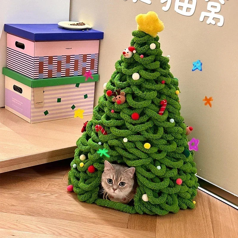 DIY Christmas Tree Cat Nest Homemade Cathouse Star Elk Material Package Winter Warmth Closed Security Cat Bed Weave Pet Tent