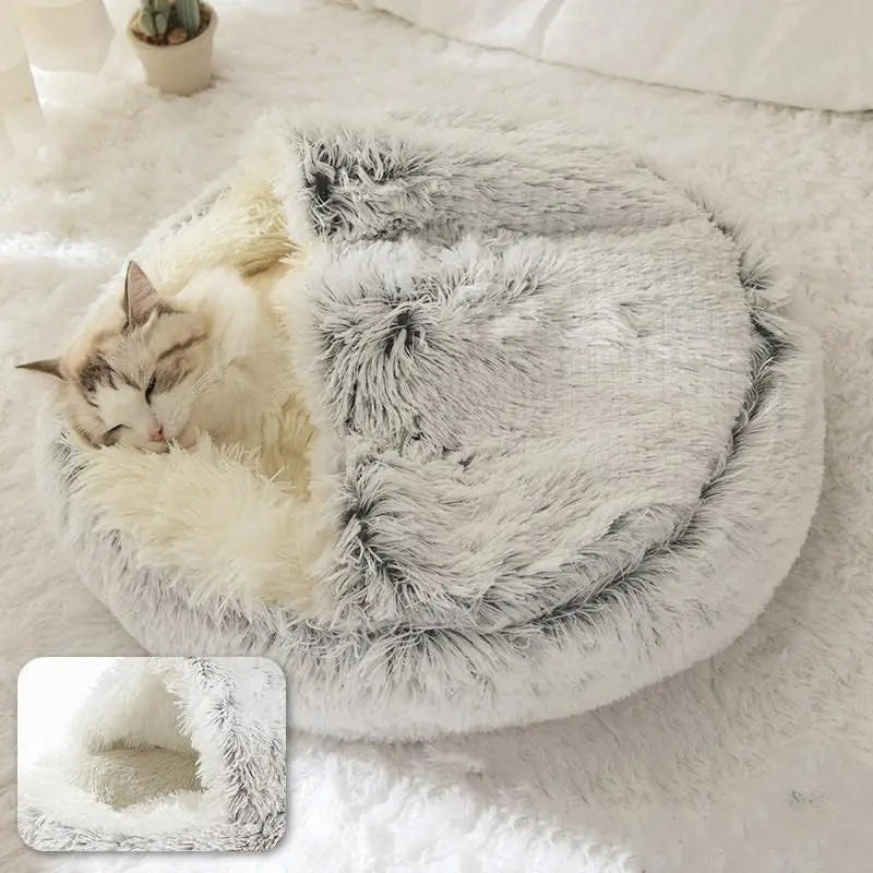 Fluffy Cat Bed Soft Plush 2-in-1 Round Sleeping Nest and Pet Mattress