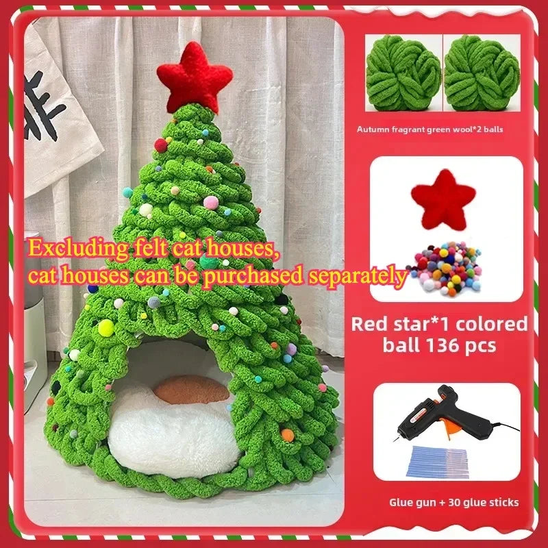 DIY Christmas Tree Cat Nest Homemade Cathouse Star Elk Material Package Winter Warmth Closed Security Cat Bed Weave Pet Tent