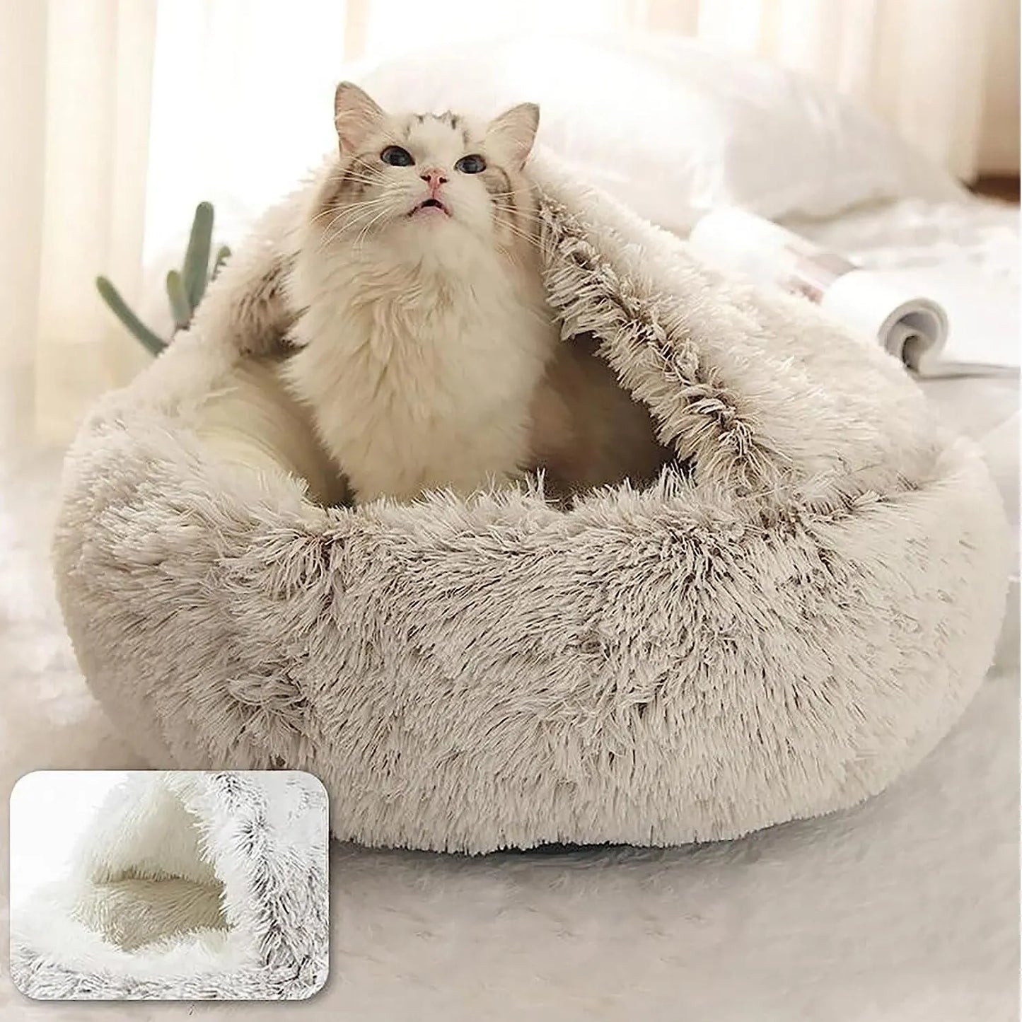 Fluffy Cat Bed Soft Plush 2-in-1 Round Sleeping Nest and Pet Mattress