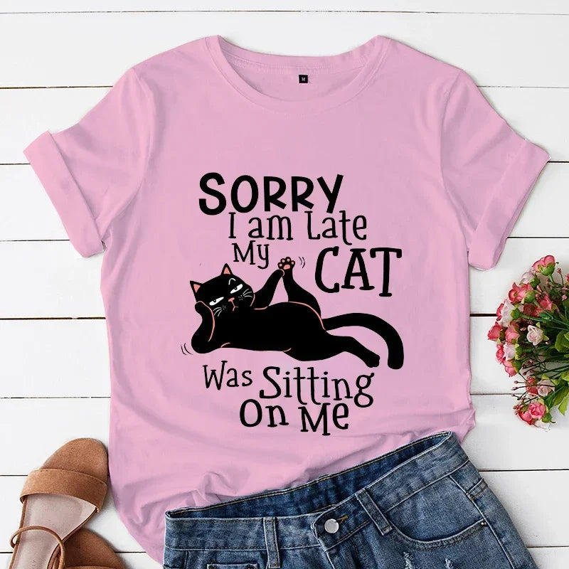 Kawaii Cartoon Cat Lover Printed T Shirt Women Fashion T Shirt Sorry I Am Late My Cat Was Sitting on Me Casual Girls Ladies Tops