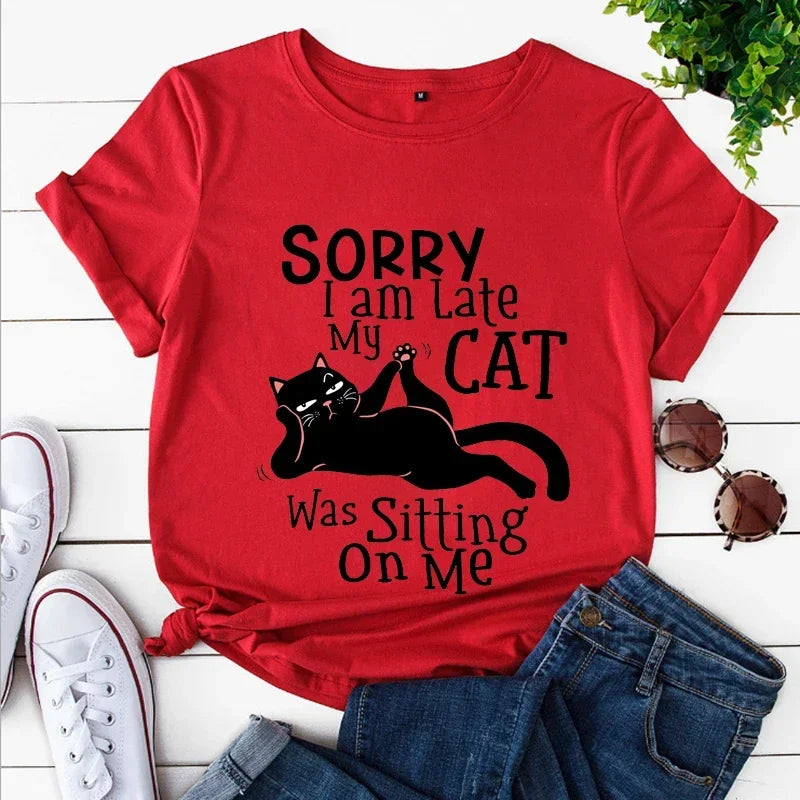 Kawaii Cartoon Cat Lover Printed T Shirt Women Fashion T Shirt Sorry I Am Late My Cat Was Sitting on Me Casual Girls Ladies Tops