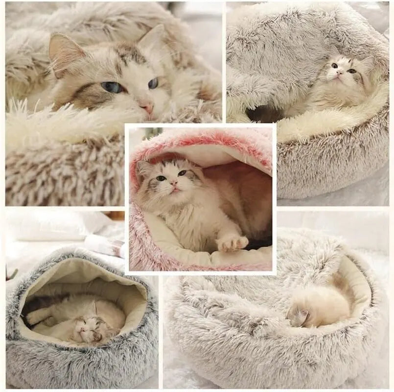 Fluffy Cat Bed Soft Plush 2-in-1 Round Sleeping Nest and Pet Mattress