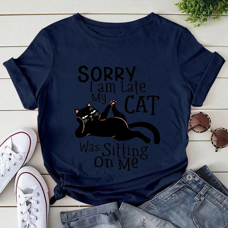 Kawaii Cartoon Cat Lover Printed T Shirt Women Fashion T Shirt Sorry I Am Late My Cat Was Sitting on Me Casual Girls Ladies Tops